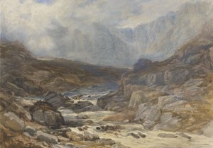 Walesin vuoristomaisema Torrential Riverin kanssa (akvarelli vartalovärillä ja mustalla liidulla paperilla)