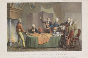 Triumviraatin korkean vallan hyväksyminen Oranssin prinssin nimissä, 21. marraskuuta 1813 Alankomaiden hallituksen palauttaminen Alankomaihin. (20. marraskuuta 1813) (otsikko esineessä)