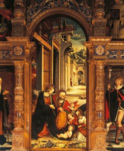 Seimi, yksityiskohta 1500-luvun alttaritaulusta, Defendente Ferrari (1480 tai 1485-1540), Pyhän Anthony of Ranverson luostari, Buttigliera Alta, Italia