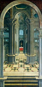 Defendente Ferrarin (1480 tai 1485-1540) maalaama perspektiivi 1500-luvun kuoron takaosaan, Pyhän Hieronymuksen kirkko, Biella. Italia