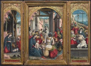 Triptyykki, jossa keskellä syntymä, oikealla tieteiden palvonta, vasemmalla Kristuksen laskeutuminen hautaan, 1523