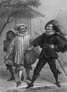 Pelaa Molieren Scapinin juonet: Staalin piirroksen jälkeen Delannoyn kaiverrus (1870).
