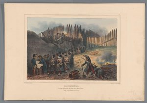 Ryhmäsotilasretken ovi ja aukko de palisadessa, 1832 Caponier, paljastettu työ puolikuun edessä (otsikko esineessä) Raffetin piirustukset luonnosta Antwerpenin linnoituksen piirityksen yhteydessä (sarjan nimi esineessä) tekijältä Denis Auguste Marie Raffet