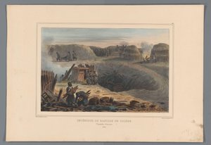 Militairten binnen een linnake, 1832 Toledon linnakkeen sisätilat (otsikko esineessä) Raffetin piirustukset luonnosta Antwerpenin linnoituksen piirityksen yhteydessä (sarjan nimi esineessä) tekijältä Denis Auguste Marie Raffet