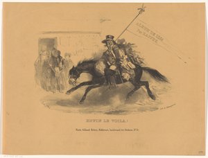 Postimiljardi hevosen selässä Lopulta le voila! (otsikko esineessä) Album de 1836 (sarjan nimi esineellä) tekijältä Denis Auguste Marie Raffet