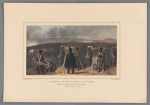 Schutterit ostavat borstweringia, 1832 19. valon kahaajien asunto (otsikko esineessä) Raffetin piirustuksia elämästä Antwerpenin linnoituksen päämajassa (otsikko esineessä) tekijältä Denis Auguste Marie Raffet