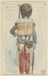 Uniformstudie Line sapööri. Kevyt jalkaväki 1827 (otsikko esineessä) tekijältä Denis Auguste Marie Raffet