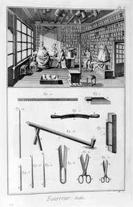 Turkistyöntekijät, joissa on muhvivuoratut seinät ja kattopalkeissa ripustetut nahat, 1751-1777 tekijältä Denis Diderot