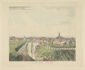 Nijmegen, näkymä Belvédèrestä länteen Länteen (otsikko esineessä) Nähtävyydet ympäri Nijmegenin kaupunkia (sarjan nimi) Gelderschin panoraama tai pyöreä näkymä elämästä piirrettynä Nymegenin Belvederelle (sarjan nimi)