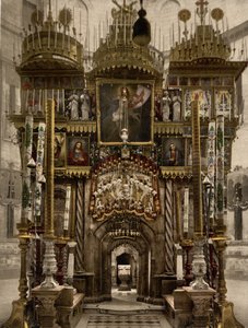Pyhän haudan sisätilat, Jerusalem, Pyhä maa, n. 1890 - n. 1900 (valokuvatulostus) tekijältä Detroit Photographic Co.