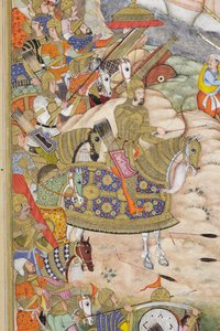 Yksityiskohta Baburin joukoista valloittaa Kabulin linnoituksen, n. 1590-1600 (läpinäkymätön wc ja kulta paperilla) tekijältä Dhannu, and Dharmdas Farrukh