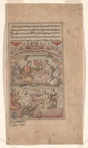 Hindu- ja muslimitutkijat kääntävät Mahabharata sanskritista persiaksi, kuva Razmnamasta (Sodan kirja) 1598-99 (muste ja väri paperille) tekijältä Dhannu fl.1580-1600 Dhannu fl.1580-1600
