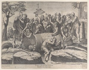 Marcus Atilius Regulus tynnyrissä, kun kaksi miestä lyö nauloja, erilaisia fi..., 1555-77.