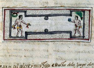 Atsteekit pelaavat pelotaa, pienoismalli Diego Duranin (1537-1588) historiasta Intian historiasta (Historia de las Indias), käsikirjoitus vuodelta 1579