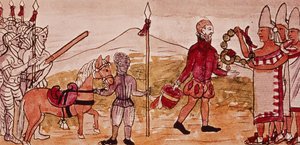 Fol.208v Hernando Cortesin (1485-1547) ja Montezuman (1466-1520) tapaaminen, miniatyyri Diego Duranin intiaanien historiasta, 1579 (227180:n yksityiskohta)