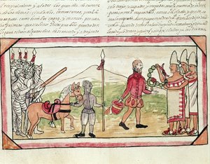 Fol.208v Hernando Cortesin (1485-1547) ja Montezuman (1466-1520) tapaaminen, miniatyyri Diego Duranin intiaanien historiasta, 1579
