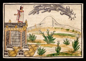 Montezuma tarkkailee komeetta, miniatyyri Diego Duranin (1537-1588) Intian historiasta
