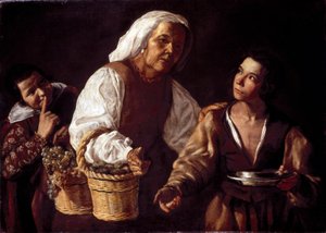 Kaksi poikaa ja vanha hedelmänainen tai vanha hedelmämyyjä. Diego Rodriguezin maalaus, Silva Velazquez (Velasquez tekijältä Diego Rodriguez de Silva y (attr. to) Velazquez