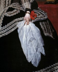 Käsi ja huivi Yksityiskohta Itävallan kuningatar Mary Annen (Marianne) (1634-1696), Philip IV:n vaimon muotokuvasta”” Diego velasquezin (1599-1660) maalaus 1600-luvun Madrid, Prado-museo tekijältä Diego Velázquez