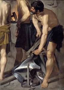 Vulcanin takomo, yksityiskohta. Yksi seppä työskentelee panssarin parissa. Diego Velasquezin (1599-1660) maalaus 1630 su. 2,23x2,90 m Madrid, Prado-museo tekijältä Diego Velázquez