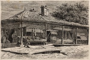 Lihakauppa ja leipomo Bukarestissa (Romania). Kaiverrus havainnollistamaan matkaa Pariisista Bukarestiin suunnittelija Lancelotin vuonna 1860 "Le tour du monde, nouveau journal des voyages" -julkaisussa, joka julkaistiin Edouard Chartonin johdolla.