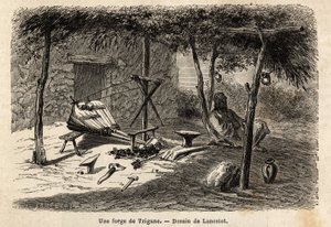 Mustalaispaja Walachian alueella, Romaniassa. Kaiverrus havainnollistamaan matkaa Pariisista Bukarestiin, laatija Lancelot, vuonna 1860, julkaistiin "Le tour du monde, nouveau journal des voyages" -lehdessä Edouard Chartonin johdolla. tekijältä Dieudonne Auguste Lancelot