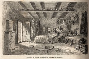 Omistajan talonpoikien talo Orezun läheisyydessä (Walachia, Romania). Kaiverrus havainnollistamaan matkaa Pariisista Bukarestiin, valmistelija Lancelot, vuonna 1860, julkaistiin "Le tour du monde, nouveau journal des voyages" ohjauksessa tekijältä Dieudonne Auguste Lancelot