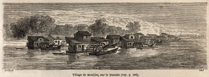 Myllykylä Tonavan varrella, Lancelotin piirros havainnollistamaan Victor Duruyn matkaa Pariisista Bukarestiin vuonna 1860. Kaiverrus kirjaan "" Le tour du monde", toimittanut Edouard Charton tekijältä Dieudonne Auguste Lancelot