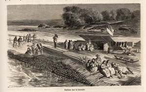 Puinen lautta Tonavalla tavaroiden ja ihmisten kuljettamiseen, Lancelotin piirros havainnollistamaan Victor Duruyn matkaa Pariisista Bukarestiin vuonna 1860. Kaiverrus kirjaan "" Le tour du monde", toimittanut Edouard Charton