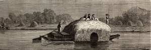 Rehun leikkaaminen, sadonkorjuu ja kuljetus Tonavan rannalla. Lancelotin piirros havainnollistamaan hänen matkaansa Pariisista Bukarestiin vuonna 1860. Kaiverrus kirjaan "" Le tour du monde", toimittanut Edouard Charton tekijältä Dieudonne Auguste Lancelot