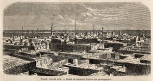 Yleiskuva Tripolista, Lancelotin piirustus havainnollistamaan paroni de Krafftin vuonna 1860 käytyä tripolilaista kävelyä. Kaiverrus ”” Le tour du monde”” 1861. Selvan kokoelma. tekijältä Dieudonne Auguste Lancelot