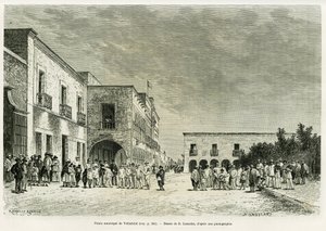 Valladolidin kaupunginpalatsi. Lancelotin kaiverrus havainnollistamaan tarinaa Ma last expedition au Yucatan, kirjoittanut Desire Charnay, in le tour du monde 1887, ohjannut Edouard Charton (1807-1890), Hachette, Pariisi.