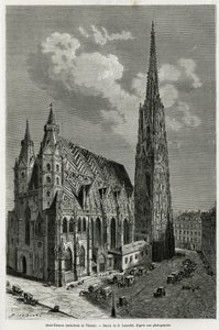 Pyhän Tapanin katedraali (St. Stephen tai Stephansdom tai St. Stephane tai St. Stephan Kirche) (rakennettu vuosina 1113-1147), Wien (Itävalta). Lancelotin kaiverrus havainnollistamaan tarinaa Vienne ja sen esikaupunki, M. Newlinski, vuonna 1881, julkaistii