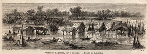 Apathinin (Serbia) kalastus Tonavalla. Lancelotin piirros havainnollistamaan hänen matkaansa Pariisista Bukarestiin vuonna 1860. Kaiverrus kirjaan "" Le tour du monde", toimittanut Edouard Charton tekijältä Dieudonne Auguste Lancelot
