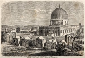 Omarin moskeija, rakennettu vuonna 691 Jerusalemiin, Lancelotin piirros havainnollistamaan herra Bidan matkaa Palestiinaan vuonna 1856. Kaiverrus "" Le tour du monde, nouveau journal des voyages" Paris