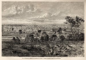Näkymä Melbournessa (Australia), Lancelotin piirros havainnollistamaan muistoja ranskalaisesta squatterista Australiassa vuosina 1854-1859, kirjoittanut M. de Castella. Kaiverrus ”” Le tour du monde”” 1861. Selvan kokoelma. tekijältä Dieudonne Auguste Lancelot