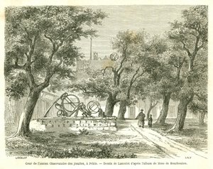 Näkymä entisen jesuiittaobservatorion pihalle Pekinissä (Peking), Kiina. Kaiverrus Lancelot, "" Le Tour du Monde, Nouveau Journal des Voyages", toimittanut Edouard Charton, Paris tekijältä Dieudonne Auguste Lancelot