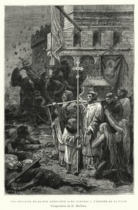 Pyhän Genevieven pyhäinjäännöksiä kuljetetaan kaupungin sisäänkäynnillä (kaiverrus) tekijältä Diogene Ulysse Napoleon Maillart