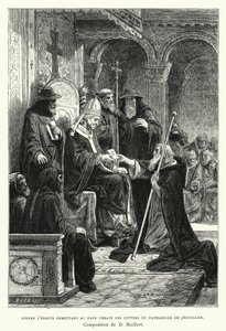 Pietari Erakko jakaa paavi Urbanille Jerusalemin patriarkan kirjeet (kaiverrus)