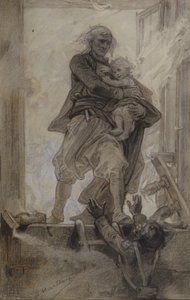 Lantenacin markiisi pelastamassa lasta, kuvitus Quatre-vingt-treizestä, Victor Hugo (1802-85) (kynä, värikynä ja guassi paperilla)