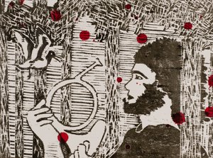 Siegfried, puulinnut ja lohikäärmeen veri, Wagnerin Soitussykli, 2024 (puupiirros) tekijältä Dione Verulam