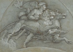 Siivekäs putto ratsastaa merihevosella ja leijonalla Rafaelin perässä, verso..., 1574. tekijältä Dionisio Calvaert
