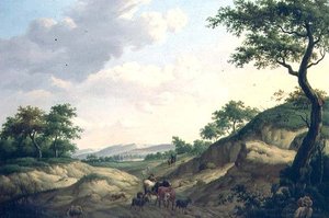 Metsäinen maisema paimenet ja eläimet kalliolla tekijältä Dionys van Dongen