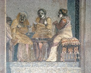 Roomalainen mosaiikki kohtauksesta naamioituneiden näyttelijöiden kanssa, Ciceron huvila, Pompei, 2. vuosisadalla eKr. tekijältä Dioscurides of Samos