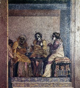 Roomalainen mosaiikki kohtauksesta naamioituneiden näyttelijöiden kanssa, Ciceron huvila, Pompei, 2. vuosisadalla eKr. tekijältä Dioscurides of Samos