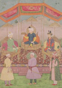 Mughal-keisari Babur ja hänen poikansa Humayan, intialainen miniatyyri Rajasthanista, 1500-luku tekijältä Dip Chand