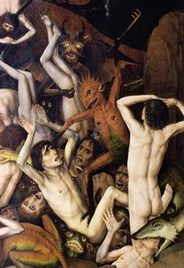 Helvetin yksityiskohta demonista, joka iskee kirottuihin, n. 1450