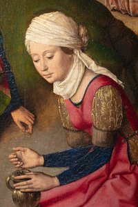 Seurakuntakirkko (Parochiekerk Sint-Pieter). Maalaus. Viimeinen ehtoollinen. Dirk Bouts. 1464-1468. Yksityiskohta. Oikea paneeli. tekijältä Dirck Bouts