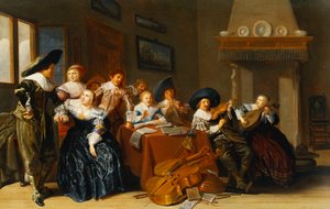 Tyylikkäät hahmot soittimilla istuen pöydän ääressä ja nuori nainen laulamassa sisätiloissa, 1637
