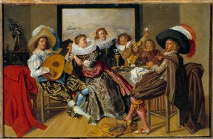 Gallant Meeting Muusikot ja nuoret naiset soittamassa musiikkia ja nostamassa lasiaan juhlissa. Dirk Halsin (1591-1656) maalaus 1625 Sun. 0,3x0,46 m